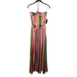 Boston Proper NWT Rainbow Stripe Maxi Dress Womens SM Tie Neck Colorful Boho